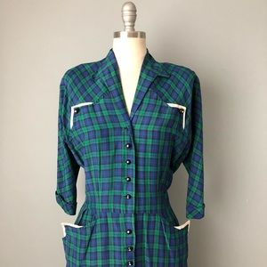 Vintage 40s Plaid Shirtwaist Dress